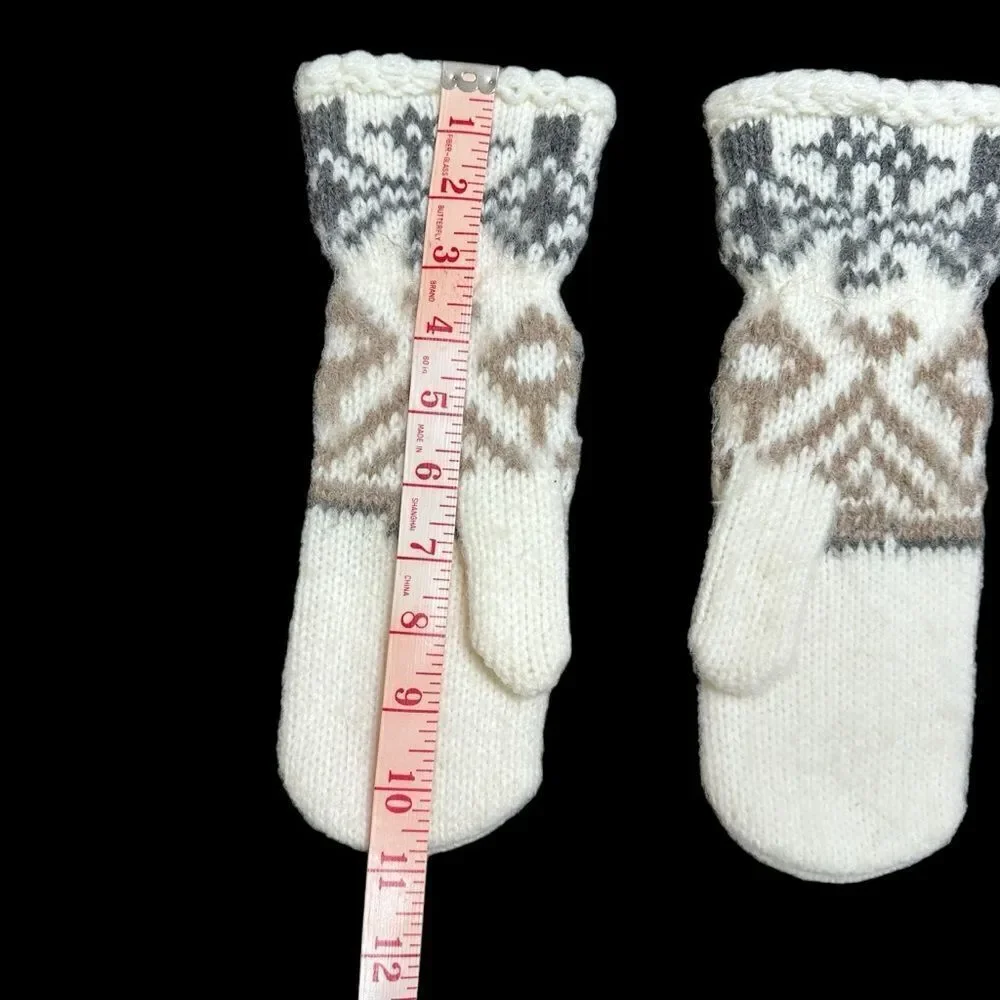 Fair Isle Pattern Cream white extended mittens size M/L